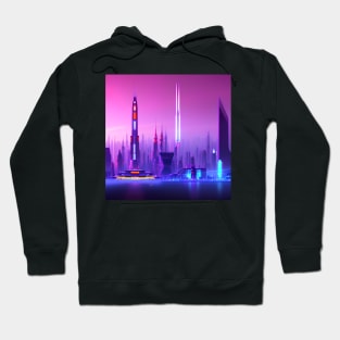 Ai Generated Art Scenery - Futuristic City Skyline With Neon Illuminated Buildings Hoodie